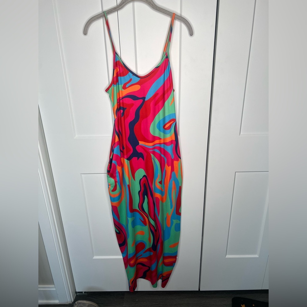 Unbranded Wavy Funky Groovy Colorful Print Pocket Maxi Dress Women’s Size Small